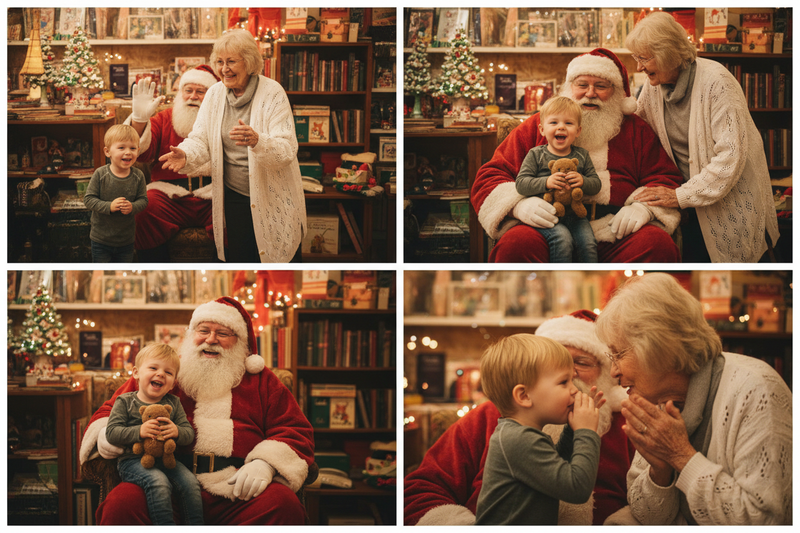a nice grandma and her kid take photos with santa in a thrift store meet and great soft warm lighting 4 photo collage